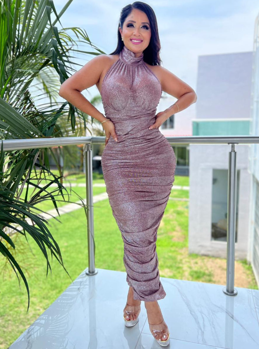 VESTIDO CUELLO ALTO DRAPEADO
