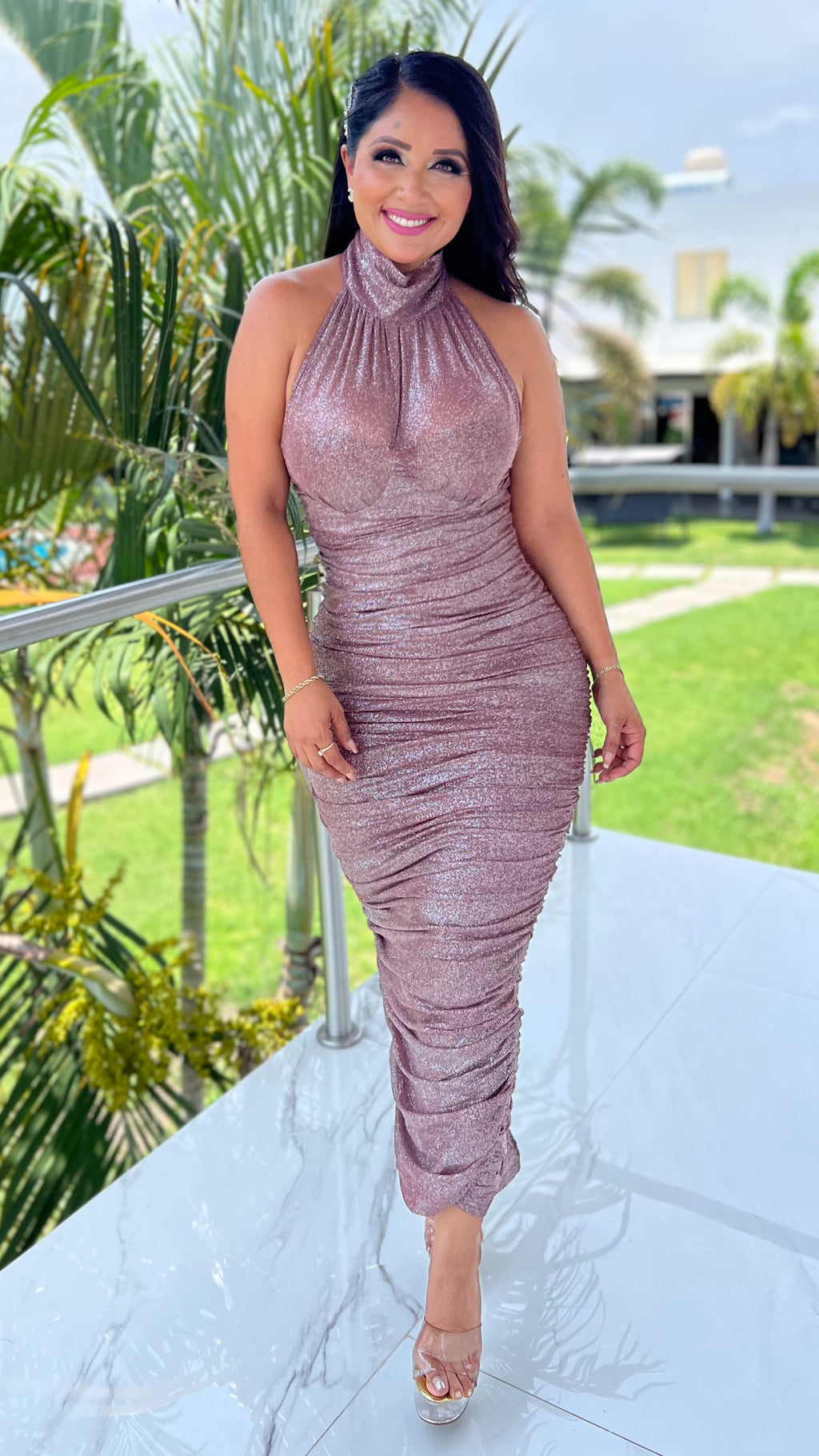 VESTIDO CUELLO ALTO  DRAPEADO