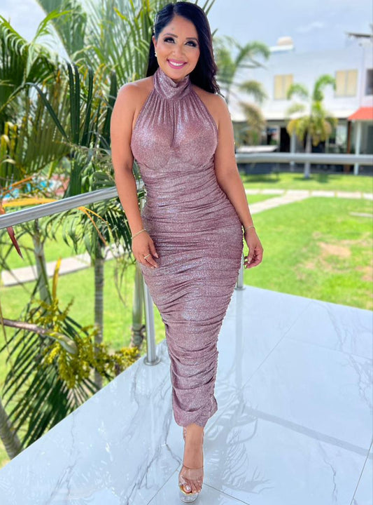 VESTIDO CUELLO ALTO  DRAPEADO
